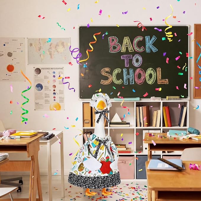 FuWeave Back to School Porch Goose Outfit Set for Plastic Statue Lawn Porch Goose Clothes with Schoolbag for Patio Decor