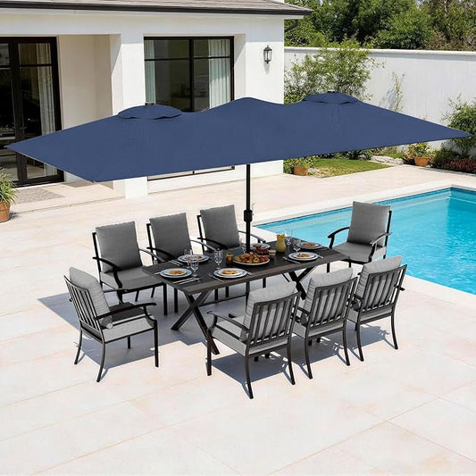 10-Pieces Patio Conversation Set,Metal Outdoor Furniture Set Includes 13.6FT Navy Umbrella,Hole Cut-Out 78.7" x 35.4" Table and 8 Metal Backrest Chairs for Backyard,Garden,Grey