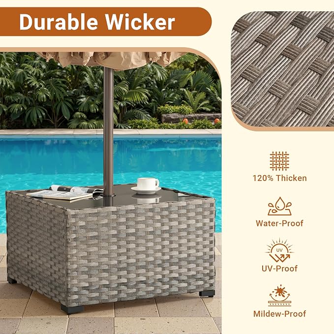 HOOOWOOO Outdoor Patio Side Table with Umbrella Hole,Wicker Coffee End Table Glass Top,Umbrella Table with 1.64" and 2" Hole for Yard,Deck,Porch,Garden(Rectangle Brown)
