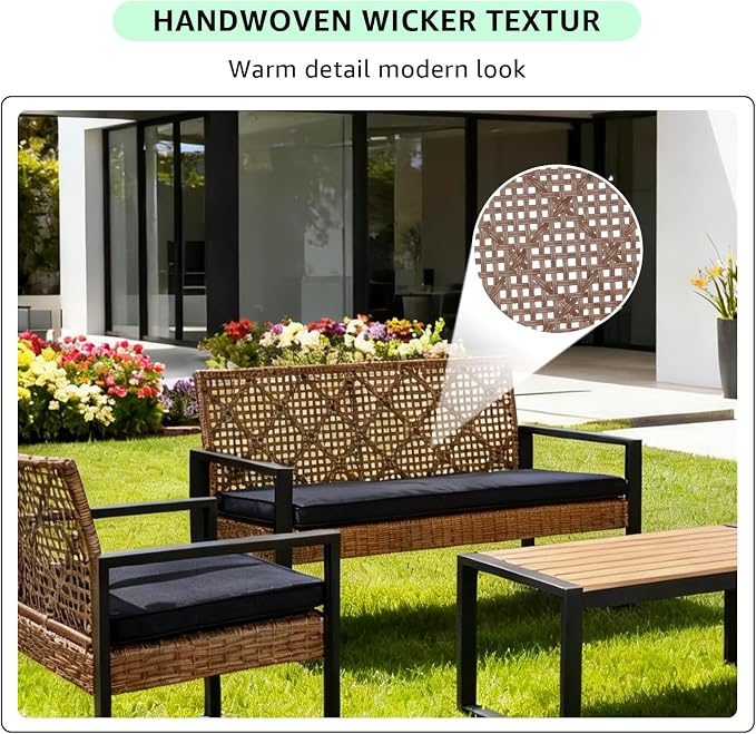 Outdoor Patio Furniture Set, 4 Piece Rattan Wicker Sectional with Loveseat Couch Sofa, Coffee Table and Chairs, Conversation Seating for Balcony, Porch, Deck, Backyard, Muebles de Exterior