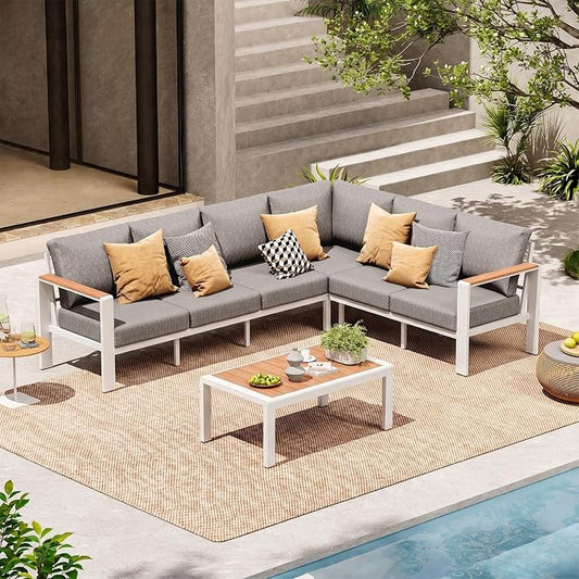 Aluminum Outdoor Patio Furniture Set 6 Seats, Outdoor Sectional Corner Sofa Set, Patio Conversation Sets with Washable Cushions & Coffee Table, Patio Furniture for Backyard, Porch, White