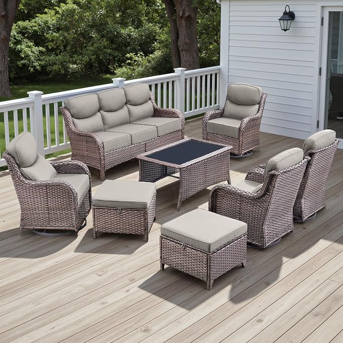 Rilyson Wicker Outdoor Patio Furniture Set - 8 Piece Patio Conversation Sets with Swivel Rocker Chairs, Ottomans, Sofa and Coffee Table, 6 inch Cushions, Deep Seating, for Porch Deck Brown/Beige