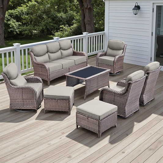 Rilyson Wicker Outdoor Patio Furniture Set - 8 Piece Patio Conversation Sets with Swivel Rocker Chairs, Ottomans, Sofa and Coffee Table, 6 inch Cushions, Deep Seating, for Porch Deck Brown/Beige