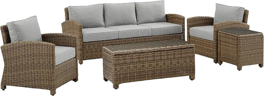 Crosley Furniture Bradenton 5-Piece Outdoor Sofa Patio Furniture Set, Wicker Conversation Sets for Porch, Brown with Gray Cushions