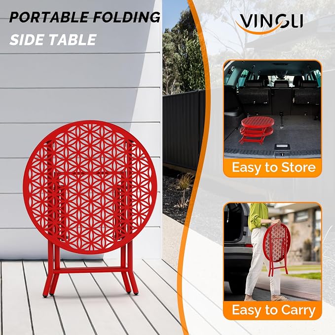 VINGLI Patio Folding Side Table, Small Outdoor Table with Everlasting Floral Pattern and Sturdy X-Shaped Metal Frame Ideal for Indoor & Outdoor Balcony, Porch, Backyard, Deck, Red, 1 Pack