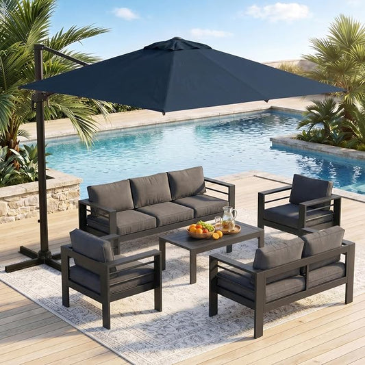 Wisteria Lane 6 Pieces Aluminum Patio Furniture Set with Umbrella, All Weather Oversized Outdoor Furniture Set with Deep Seat and Back Cushion, Patio Conversation Sets with Wide armrest, Gray & Navy