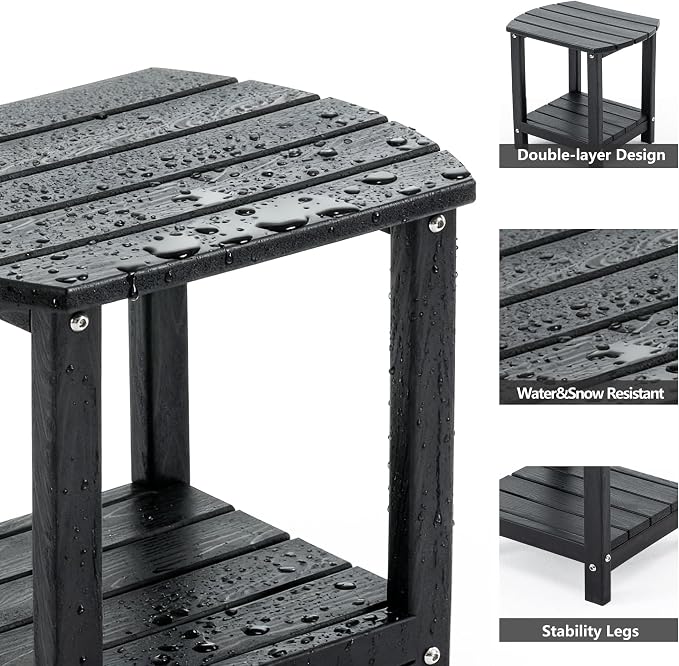 Adirondack Small Outdoor Side Table - Weatherproof HDPE Patio End Table with 2-Tier Storage for Firepit, Balcony, Garden, Poolside or Bathroom (Dark Black, Set of 2)