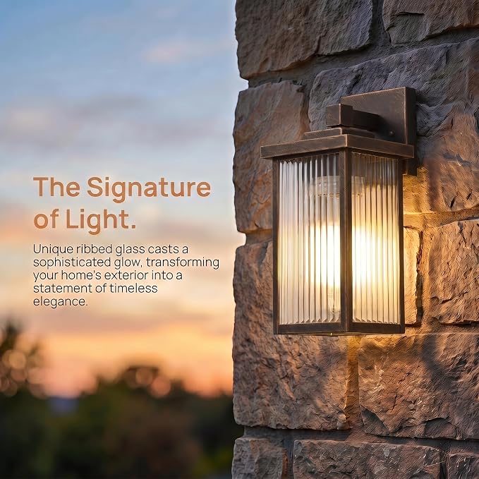2-Pack 13" Black Brush Gold Outdoor Wall Light, All-Metal Porch Light | Textured Glass Softens Glare, Stays Bright. Dual-Tone Rust-Resistant Metal. Pre-Assembled DIY Install. For Porch, Garage