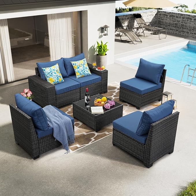 JOYURE 6 Pieces Patio Furniture Set All-Weather Outdoor Wicker Sectional Conversation Sofa Rattan Patio Seating Sofa with Cushion and Glass Table for Porch Poolside,Navy