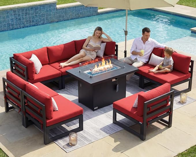 RADIATA 8 People Large Luxury Aluminum Patio Conversation Set with Fire Pit Table Propane/Gas, 29" Deep Wide U Shaped Sectional Couch, 500 lbs Heavy Duty UV Resistant Outdoor Sofa for Front Yard, Red