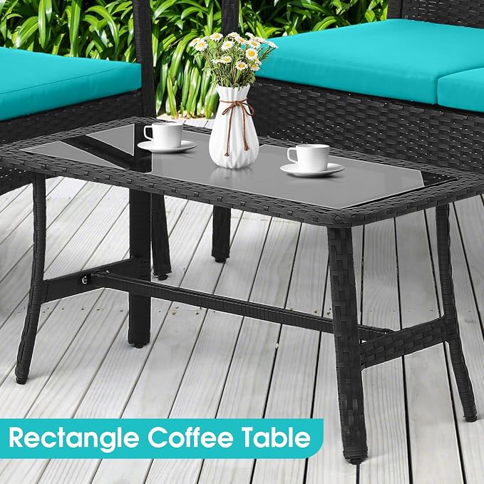HAPPYGRILL 4 Pieces Patio Wicker Furniture Set PE Wicker Conversation Set, Rattan Sofa Chair with Cushions Tempered Glass Coffee Table, Outdoor Sectional Bistro Set for Poolside Backyard Lawn Garden
