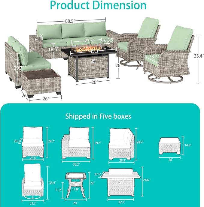 9-Piece Outdoor Patio Furniture Set with 55,000 BTU Fire Pit Table, PE Wicker Rattan Sectional Sofa Patio Conversation Set with Ottomans & Coffee Table, Light Green
