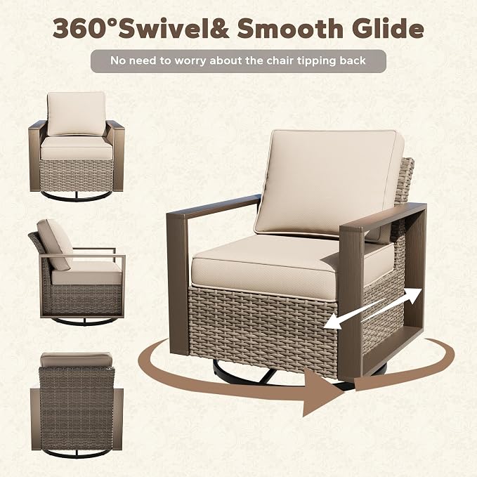 6 Pieces Metal Wicker Patio Furniture Set - Four Swivel Chairs and Two Ottomans, All Weather Rattan Outdoor Conversation Furniture with Washable Cushion for Deck Porch, Beige