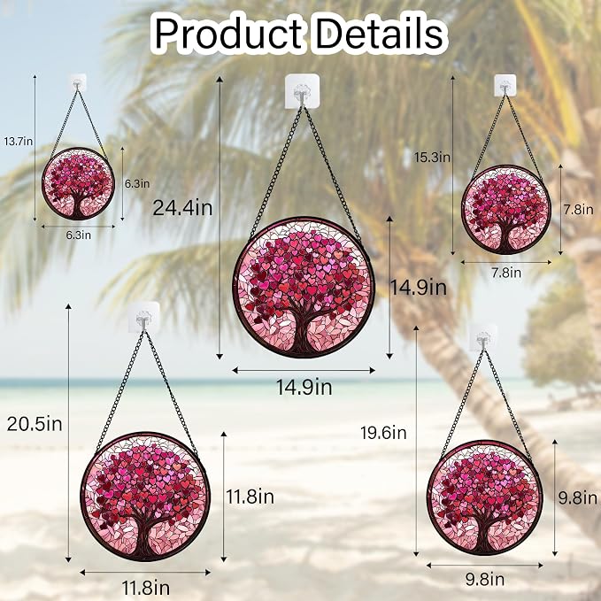Stained Glass Window Hanging, Birthday Gifts for Women Mom Grandma Nana Wife Couple, Pink Love Tree Suncatcher for Doors Window Home Sun Catchers Gifts Decor 11.8 in