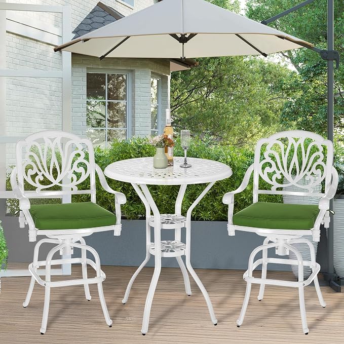 MEETWARM Patio Height Bar Table, 31" Bar Height Bistro Table, Outdoor Cast Aluminum Bistro Round High Top Dining Table with 2" Umbrella Hole for Garden Deck Backyard, White