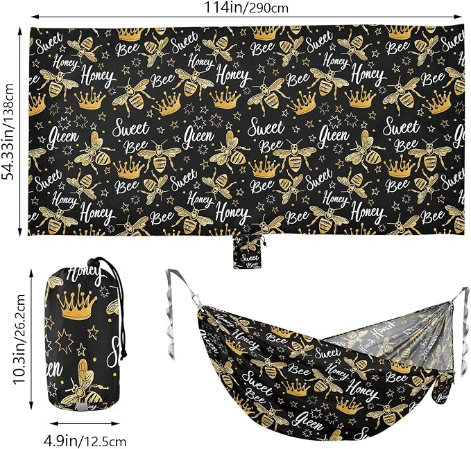 Camping Hammock Outdoor Hammocks for Outside Golden Bee Queen Crown Beach Trees Portable Lightweight with Pockets Tree Straps Indoor