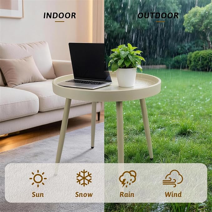 Small Outdoor Side Table - Round Metal End Table with PP Desktop & Anti-Fall Fence - Mini Coffee Table for Small Spaces - Patio, Porch, Living Room- Camel