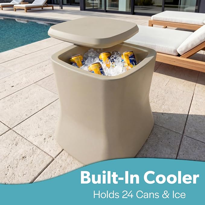Coast Modern Outdoor Side Table Cooler- 2 in 1 Patio Decor Storage Table & Ice Chest - 25 QT - White, Gray, Sand, Stone Blue, Black
