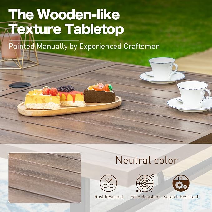 SUNSHINE VALLEY 64" Patio Dining Table for 6,Teak Color Rectangle Patio Table with Umbrella Hole,E-Coating and Powder Coating Steel Frame Metal Outdoor Patio Table for Garden Backyard Lawn Yard