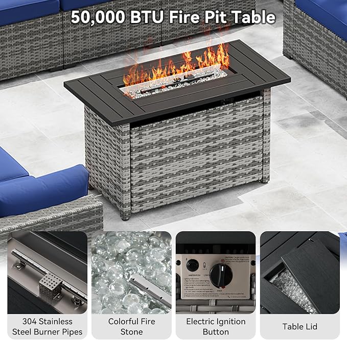 LazySunsets 15-Piece Patio Furniture Set with 44" Fire Pit Table, Wicker Outdoor Furniture, Patio Conversation Sets with Coffee Table, Outdoor Sectional Couch, Blue