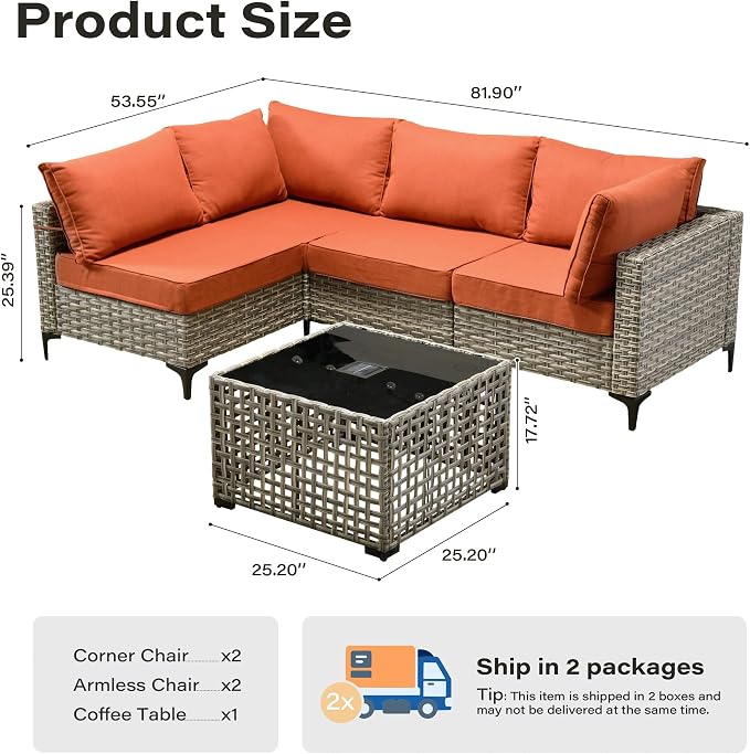 5 Pieces Patio Furniture Set with Solar Light Coffee Table, All-Weather Wicker Outdoor Sectional Conversation Sets L Shaped Sofas for Outside Porch Balcony Backyard Coarse Stripes Red