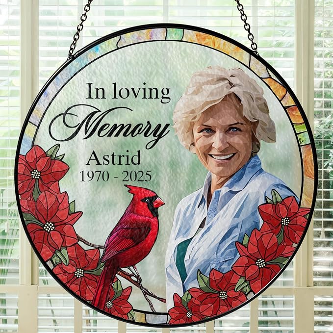 Personalized Loved One Photo Stained Glass Suncatcher - Cardinal in Loving Memory Keepsake Gift - Custom Photo, Name, Years (Cardinal Memorial)