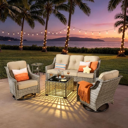 ovios 5 Piece Outdoor Patio Furniture with 3 Seat Sofa,Rattan Wicker Coversation Set with Swivel Rocking Chair,Balcony Sofa Set with Shiny Table for Outside Porch Backyard Pool, Beige