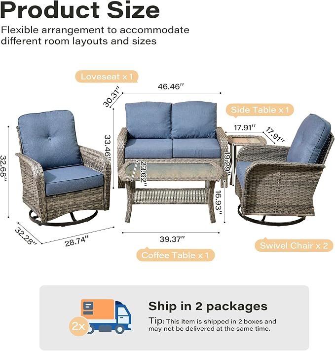 5 Pieces Patio Conversation Sets,Patio Furniture Set with Swivel Rocking Chairs and Coffee Table, All Weather Rattan Wicker Small Outdoor Sectional Furniture Set with Loveseat for Porch Balcony Blue