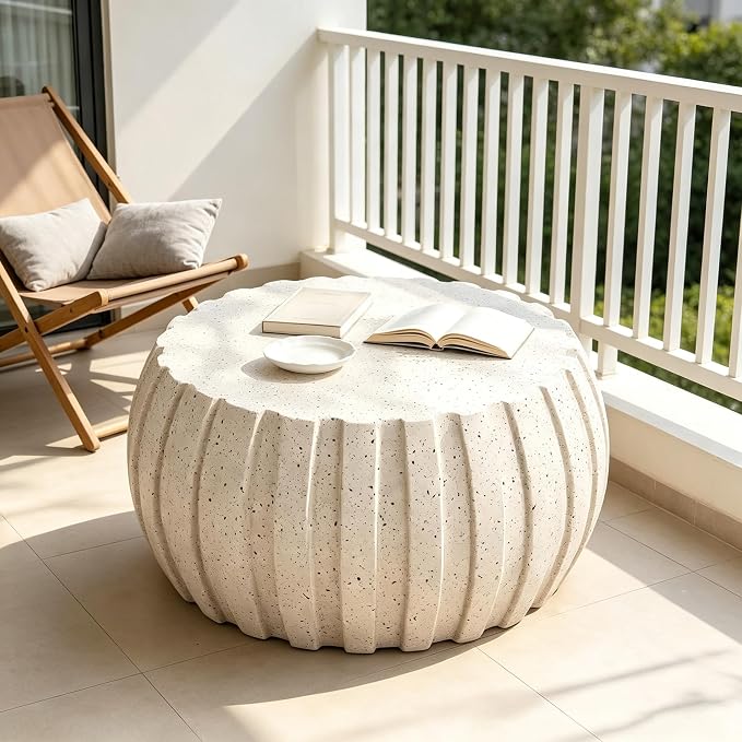 35.43" Concrete Outdoor Table,Modern Round Stone Coffee Table,Waterproof Outdoor Coffee Table for Patio for Terraces, Gardens, Backyards and Living Rooms (White, 35.43")