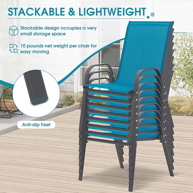24.4" Wide Outdoor Stackable Chairs Set of 8, Stacking Patio Chairs with Textilene Fabric, Outside Furniture for Garden Backyard Balconie Poolside Deck, Blue