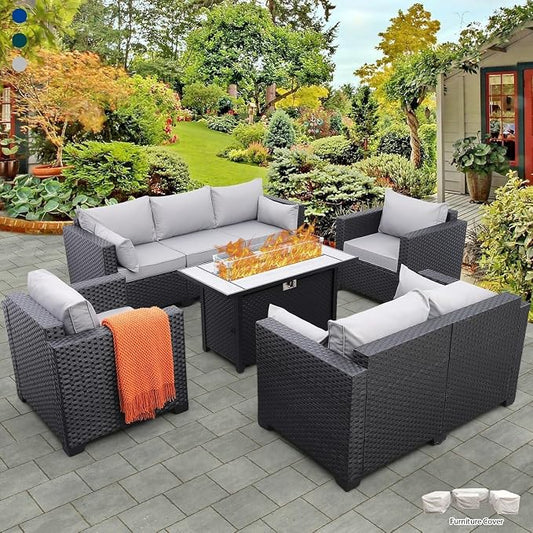 5-Piece Outdoor Patio Furniture Set with 45-Inch Steel 60000 BTU Propane Fire Pit Table, Patio Couch, Chairs, Non-Slip Cushions, Waterproof Covers for Backyard, Garden, and Outdoor Lounge Areas(Gray)