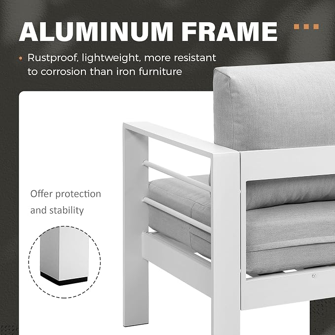 Solaste Aluminum Patio Furniture Set, Metal Patio Sectional Sofa with Imitation Wood Tabletop Coffee Table, Modern Outdoor Furniture Couch with Water-Resistant Cushion for Balcony Backyard, White
