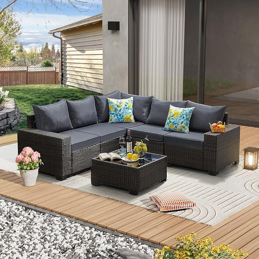 JOYURE 6 Pieces Patio Furniture Set All-Weather Outdoor Wicker Sectional Conversation Sofa Rattan Patio Seating Sofa with Cushion and Glass Table for Porch Poolside,Grey
