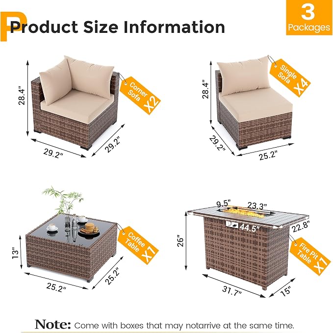 UDPATIO Furniture Set with Fire Pit Table, 8 Piece Sectional Sofas, All-Weather Wicker Conversation for Garden, Backyard, Khaki