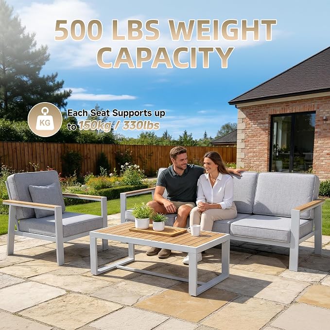 Premium Aluminum Patio Furniture Set 5 Piece,Outdoor Conversation Set with Wide Armrest,5" Thick Cushions, Olefin Fabric,Rustproof Metal Frame,Deep Seating Patio Sofa Set for Backyard,Deck,villa,White
