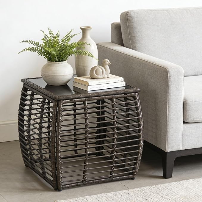 Square Outdoor Side Table - Patio Rattan End Table with Glass Tabletop, Wicker Outdoor Fashionable Coffee Table for Garden, Backyard, Porch, Black Gold