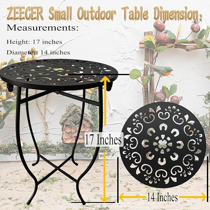 Small Patio Table, 17Inch Height Metal Patio Side Table with Flower Cut Design, 14'' Round Small Outdoor Side Tables for Patio Yard Porch Balcony Garden Bedside Plant Stand Indoor Outdoor 2Pack