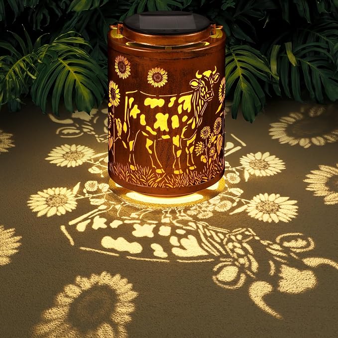 Solar Lanterns Metal Hanging Garden Decor Birthday Gifts for Women (Cow) | Solar Lights Waterproof Outdoor Decoration for Outside LED Lanterns for Yard Patio Lawn Gifts for Mon Grandma