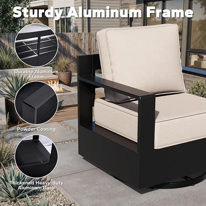 Outdoor Aluminum Furniture Set, 5-Piece Patio Conversation Set, 2 Swivel Chairs, 2 Sofa and 1 Fireplace, All-Weather Metal Frame, 6" Thick Removable Cushions, Deep Setting for Garden and Porch