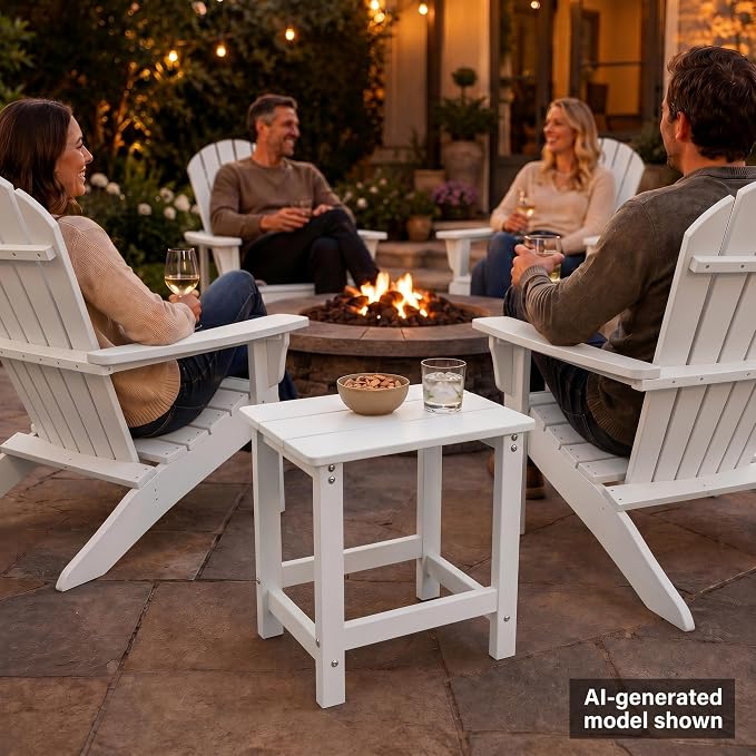 MXIMU Outdoor Side Table Set of 2: Heavy-Duty Sturdy Warp Resistant Adirondack Table - Wood Grain Finish Outdoor End Tables - Easy Assembly & Low Maintenance Patio Side Table White