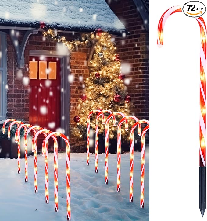 Joiedomi 12 Pcs Christmas Candy Cane Pathway Markers Lights, 16” Stakes Lights with Warm White, Waterproof Outdoor Decorations for Xmas Indoor and Outdoor Decorations Yard, Walkway, Lawn, Garden