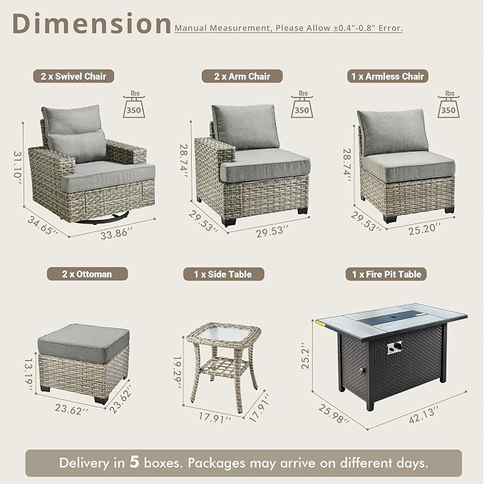 Weaxty 9 Pieces Wide Seats Outdoor Furniture Set, Sectional Couch Swivel Rocking Chair Ottoman Fire Pit Table, Thick Cushion All-Weather Rattan Patio Conversation Sets for Backyard Deck, Dark Gray