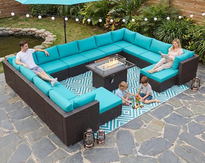 BULEXYARD 15 Piece Highback Wicker Patio Furniture Sets with Firepit, All-Weather Heavy Duty Outdoor Conversation Set Modular, Extra Deep Wide 14-Seats Sectional Couch Sofa for Backyard, Brown & Teal
