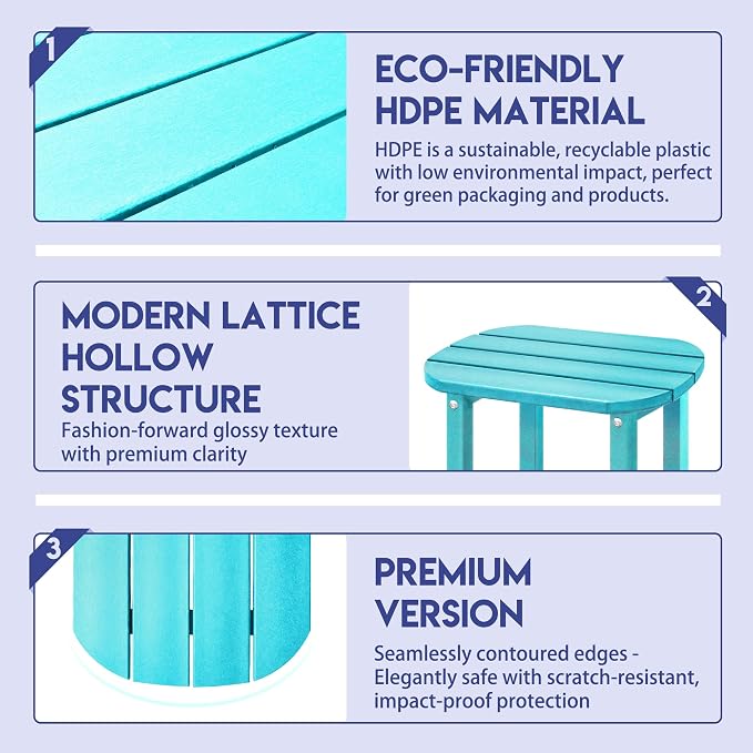 LZRS Patio End Table, Heavy Duty HDPE Outdoor Coffee Table with Wood Texture, Weatherproof Composite Table for Adirondack Chairs, Deck, Pool, Indoor/Outdoor, No Peeling Cracking(Turquoise)