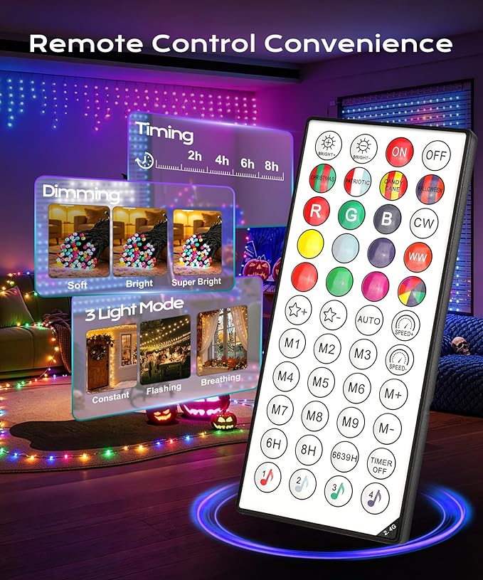 Smart 99ft 200 LED Christmas Halloween Fairy String Lights | App & remote DIY color changing orange, purple & RGB twinkle glow; ideal for indoor or outdoor whole house holiday decor.
