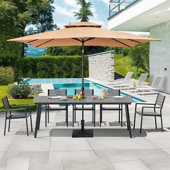 Grey Outdoor Dining Table for 6, 70" Rectangle Patio Table | 1.6" Umbrella Hole with Aluminum Frame and Waterproof Wood Grain Tabletop for Lawn Backyard Garden Poolside