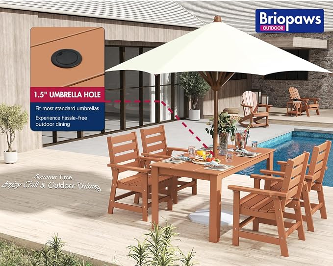 BRIOPAWS Outdoor Dining Table | HDPE | 67” Patio Rectangle Tables | All Weather | Umbrella Hole | Patio Furniture Set for 4-6 Person | Teak