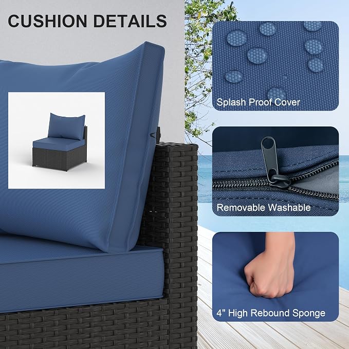 Patio Furniture Set w/ Fire Pit Table, 6PCS Outdoor Conversation Sets Waterproof Rattan Sectional Sofa with 4” Thickened Cushion Modular Wicker Patio Furniture Set with Glass Top Table (Navy Blue)