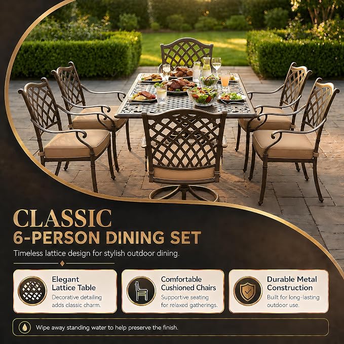 7 Piece Outdoor Dining Set Cast Aluminum Retro Patio Dining Set for 6 Includes 59” Rectangular Table 2 Swivel Chairs with Thicker Cushions and Umbrella Hole for Patio Deck Garden