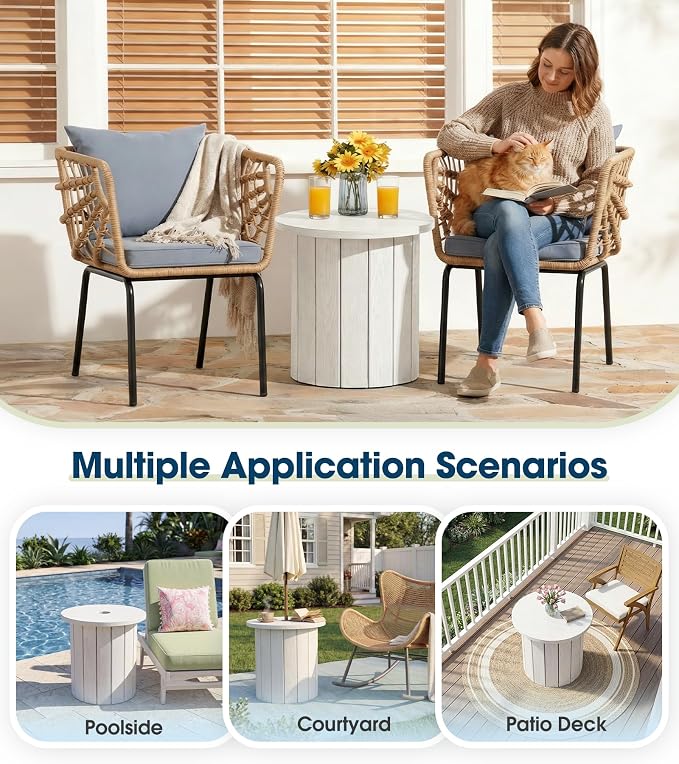 wikiwiki 2-in-1 70Lbs Patio Umbrella Base & Outdoor Side Table with Hole, HDPE Woodgrain Small Outdoor Table Fits 1.5-1.9in Pole for Patio, Deck, Poolside & Garden Use, White